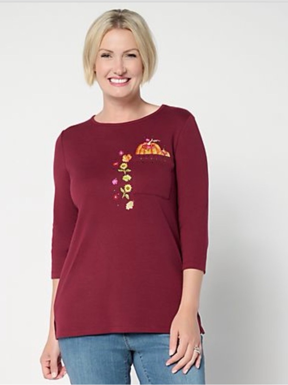 Quacker Factory Burgundy Embroidered Pocket Long-Sleeve Tee